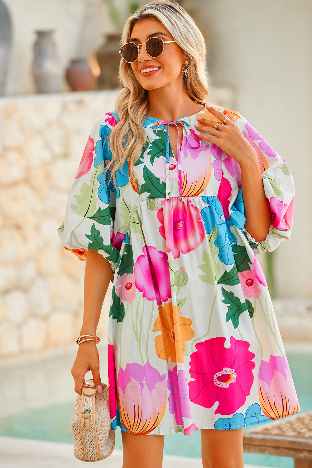 White Puff Sleeve Tied Split Neck Colorful Floral Flowy Dress