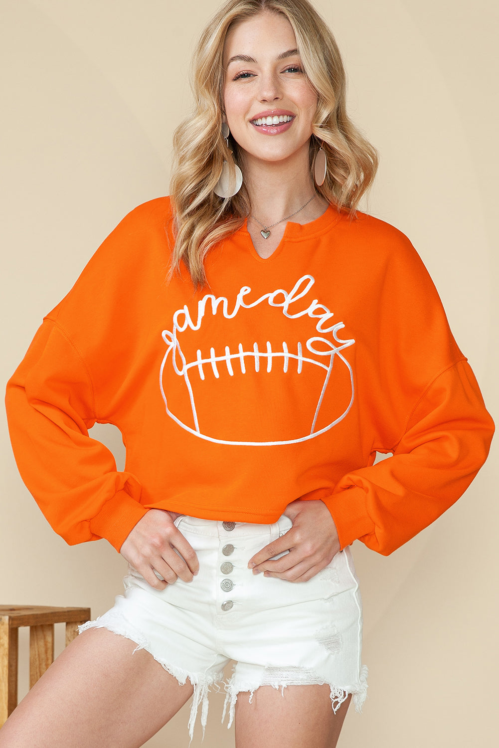 Orange Game Day Lettering Football Notched Neck Cropped Sweatshirt