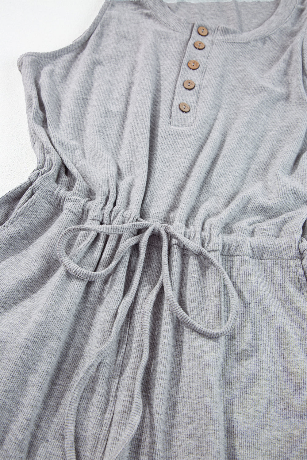 Gray Ribbed Knit Henley Neck Drawstring Sleeveless Jumpsuit