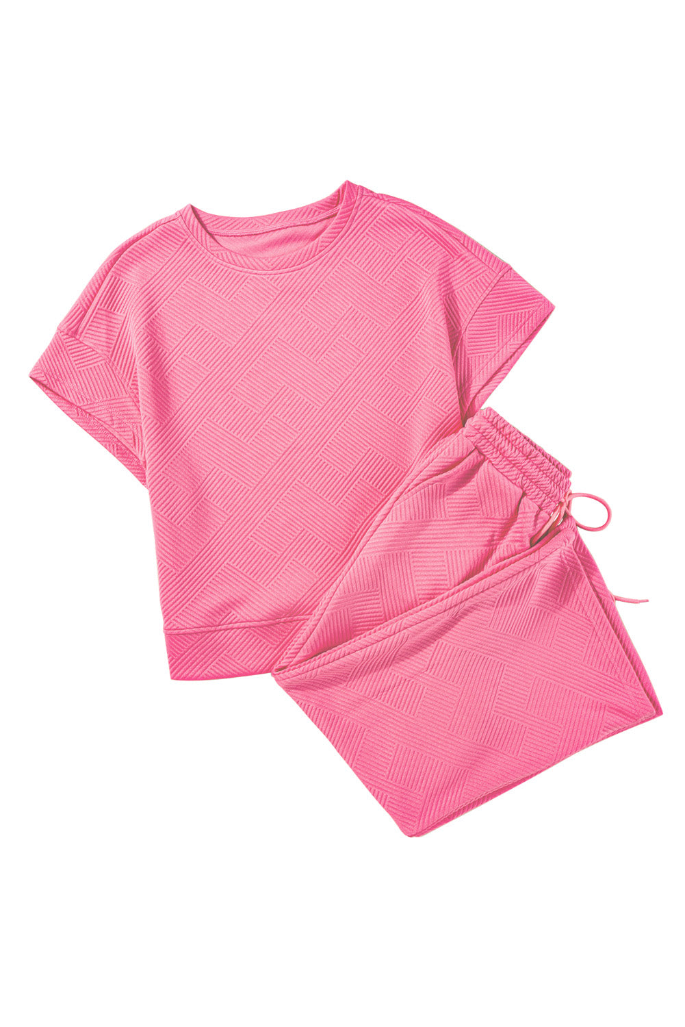 Strawberry Pink Textured Loose Fit T Shirt & Drawstring Pants Set