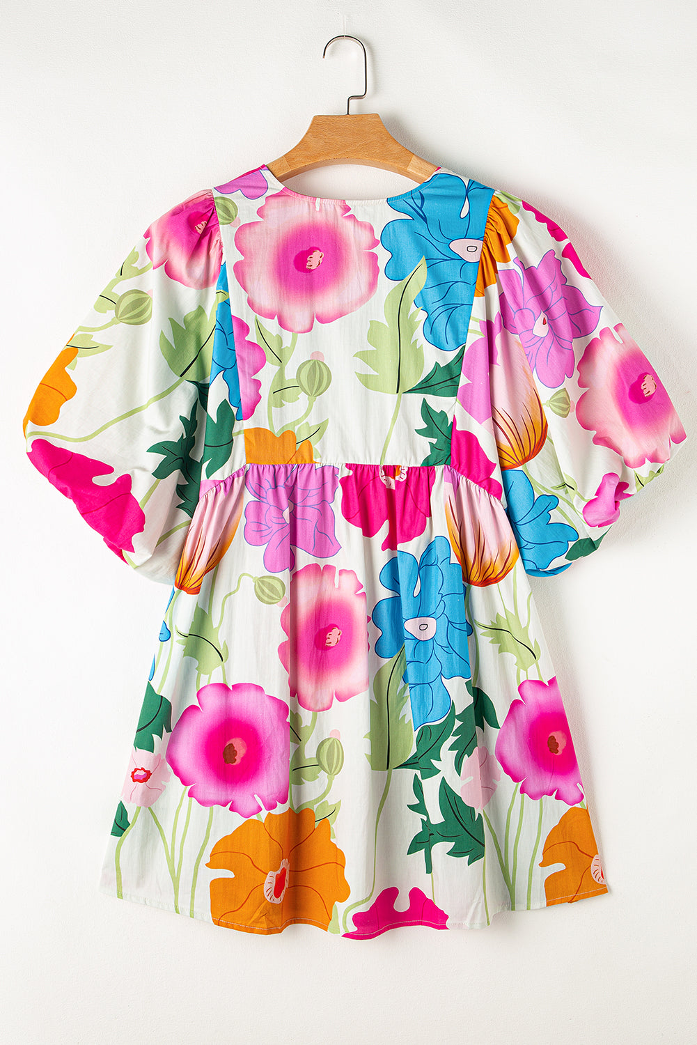 White Puff Sleeve Tied Split Neck Colorful Floral Flowy Dress