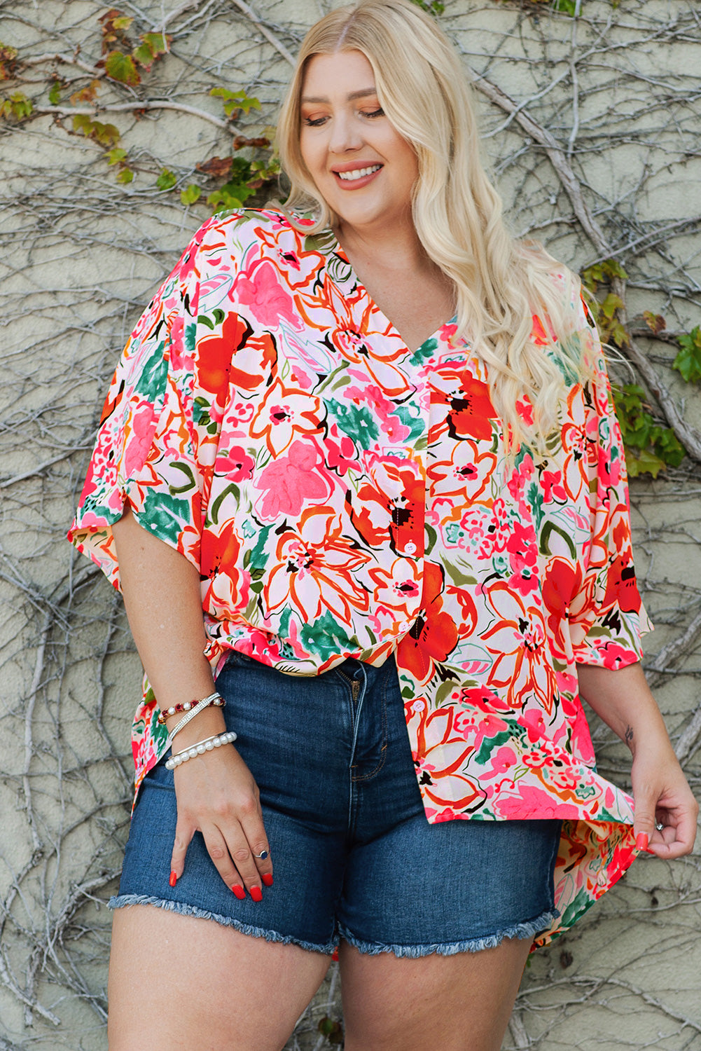 Rose Plus Size Floral Print Boho Kimono Sleeve Shirt