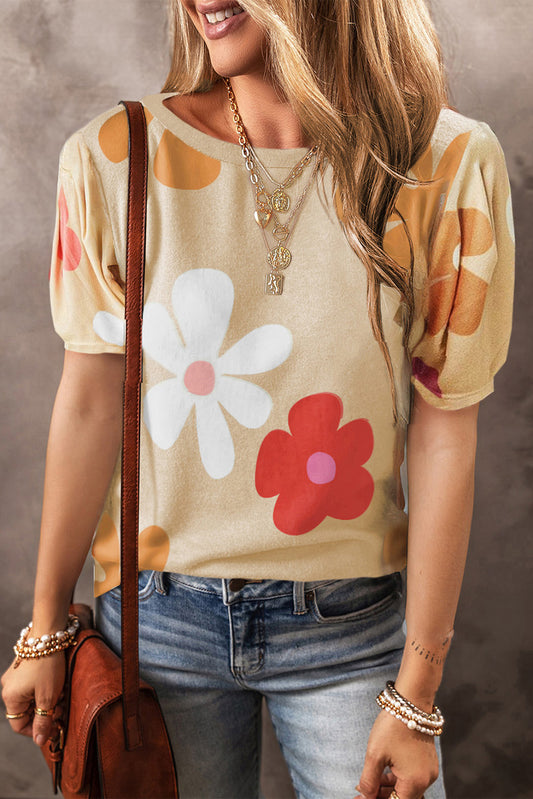 Colorful Flower Print Bubble Sleeve Tee