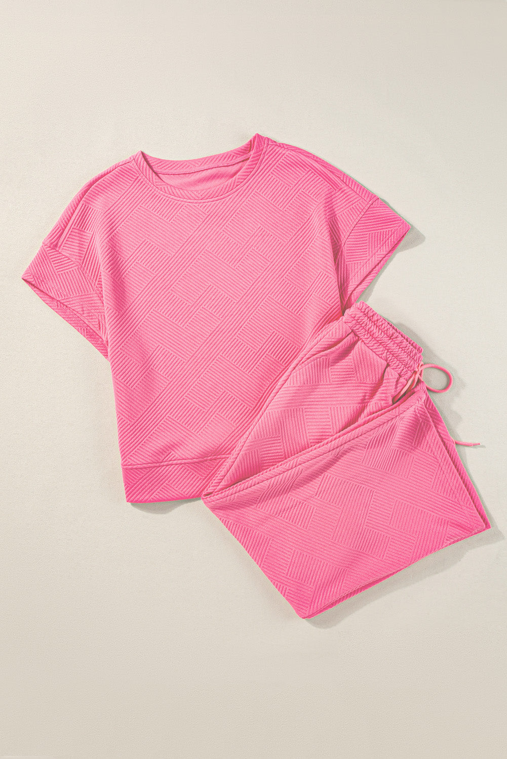 Strawberry Pink Textured Loose Fit T Shirt & Drawstring Pants Set