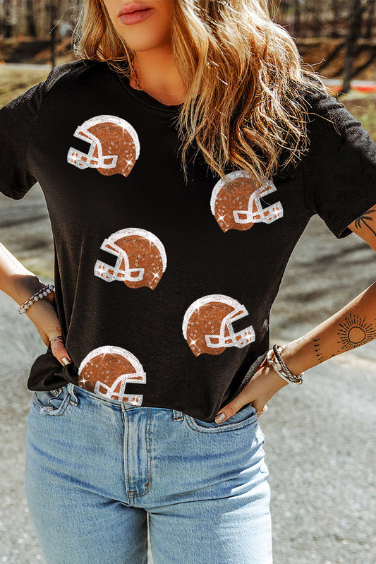 Black Sequin Football Helmet Graphic Crewneck T Shirt