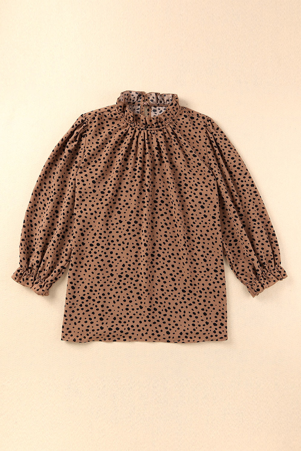 Khaki Leopard 3/4 Ruffle Sleeve Frill Neck Blouse