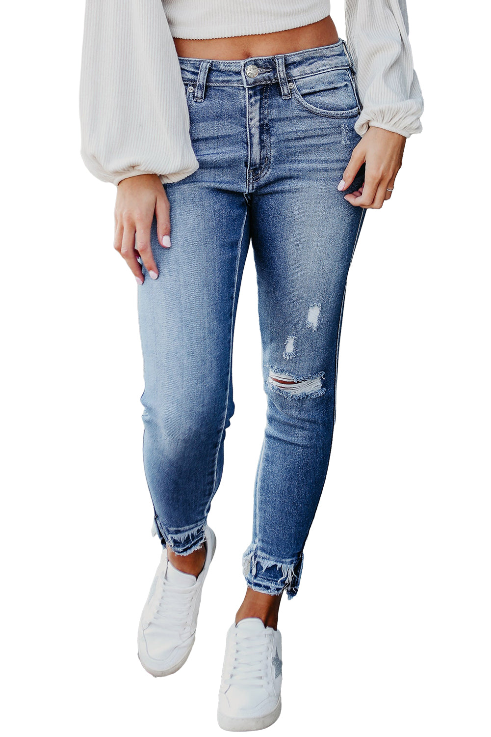 Light Blue Distressed Hem Cropped Skinny Jeans