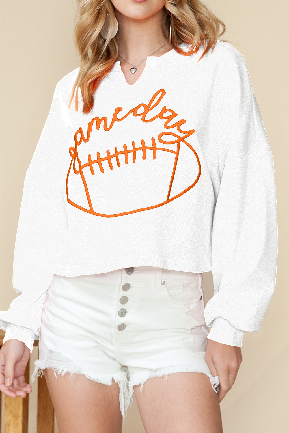 Orange Game Day Lettering Football Notched Neck Cropped Sweatshirt