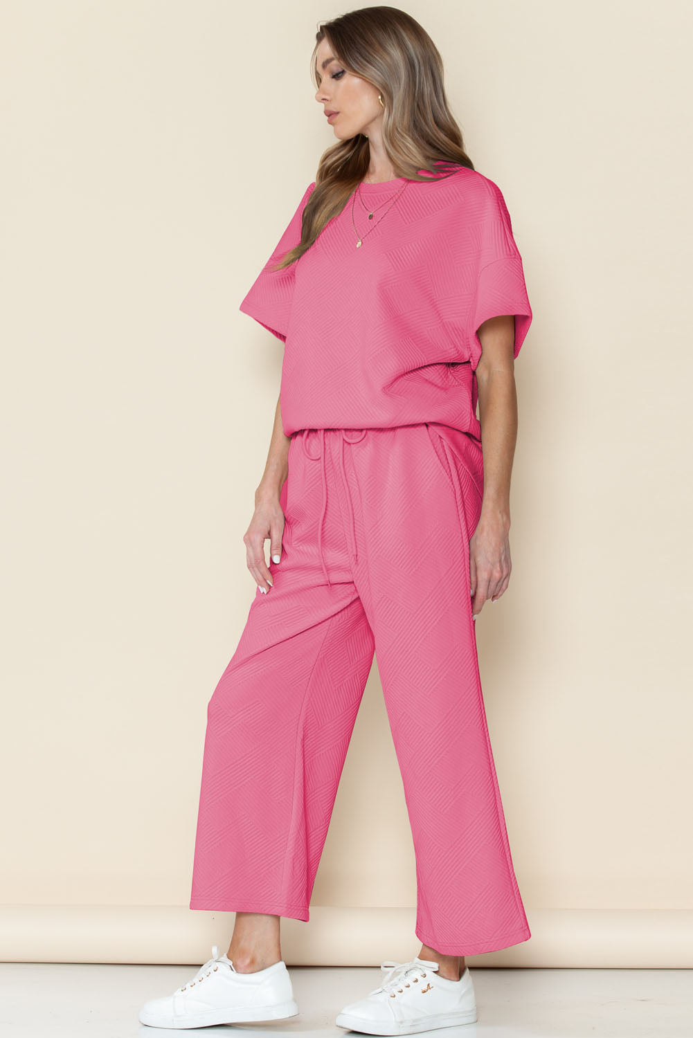 Strawberry Pink Textured Loose Fit T Shirt & Drawstring Pants Set