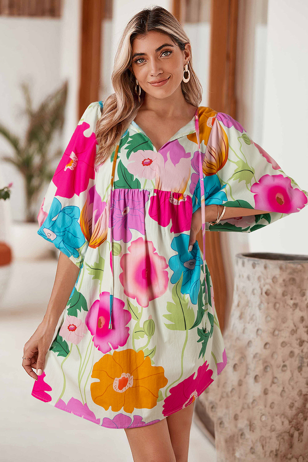 White Puff Sleeve Tied Split Neck Colorful Floral Flowy Dress