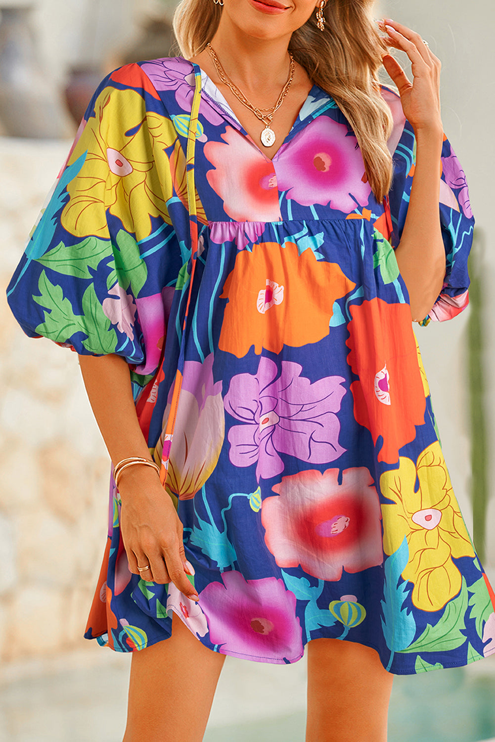 White Puff Sleeve Tied Split Neck Colorful Floral Flowy Dress