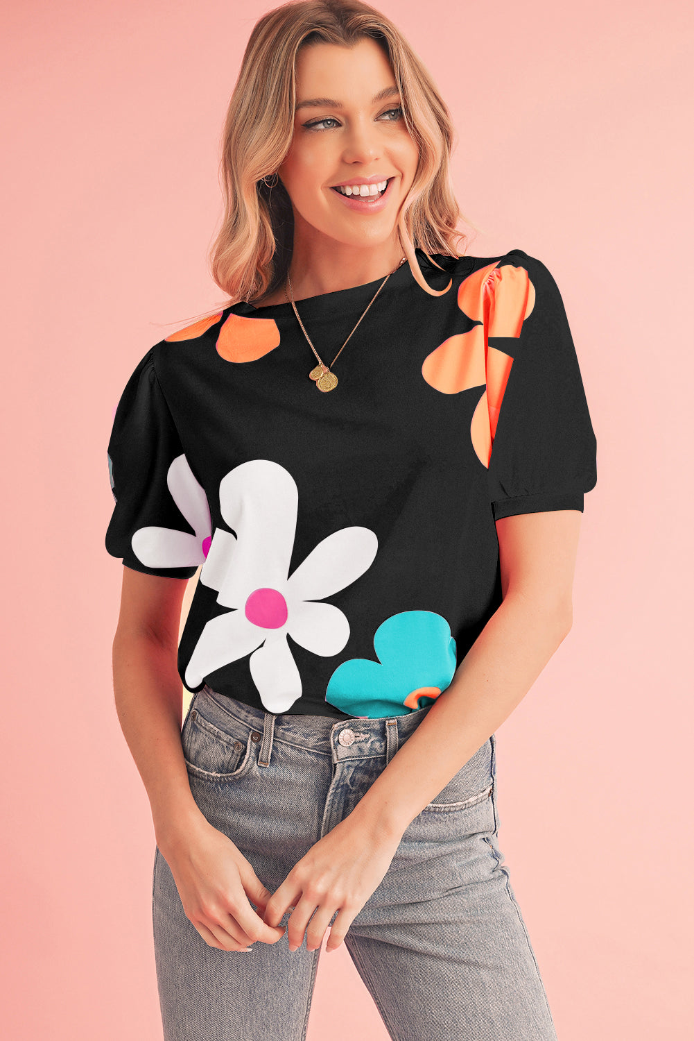 Colorful Flower Print Bubble Sleeve Tee