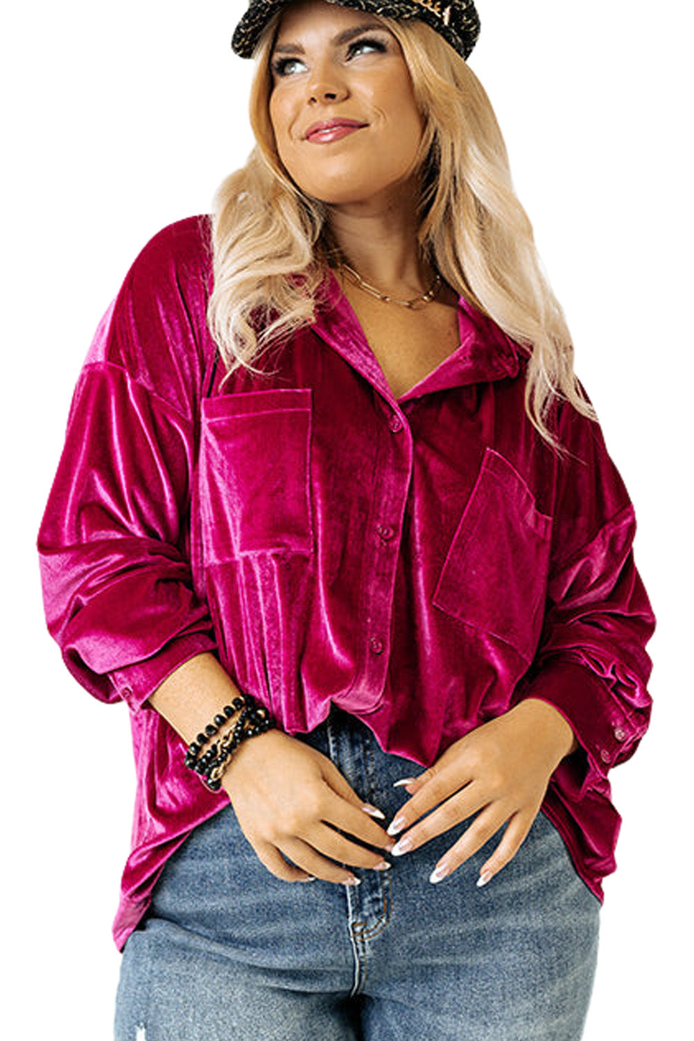 Chestnut Plus Size Velvet Chest Pocket Drop Shoulder Shirt