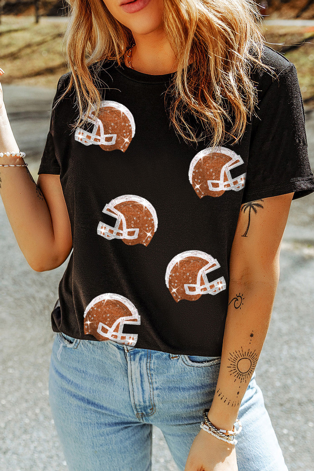 Black Sequin Football Helmet Graphic Crewneck T Shirt