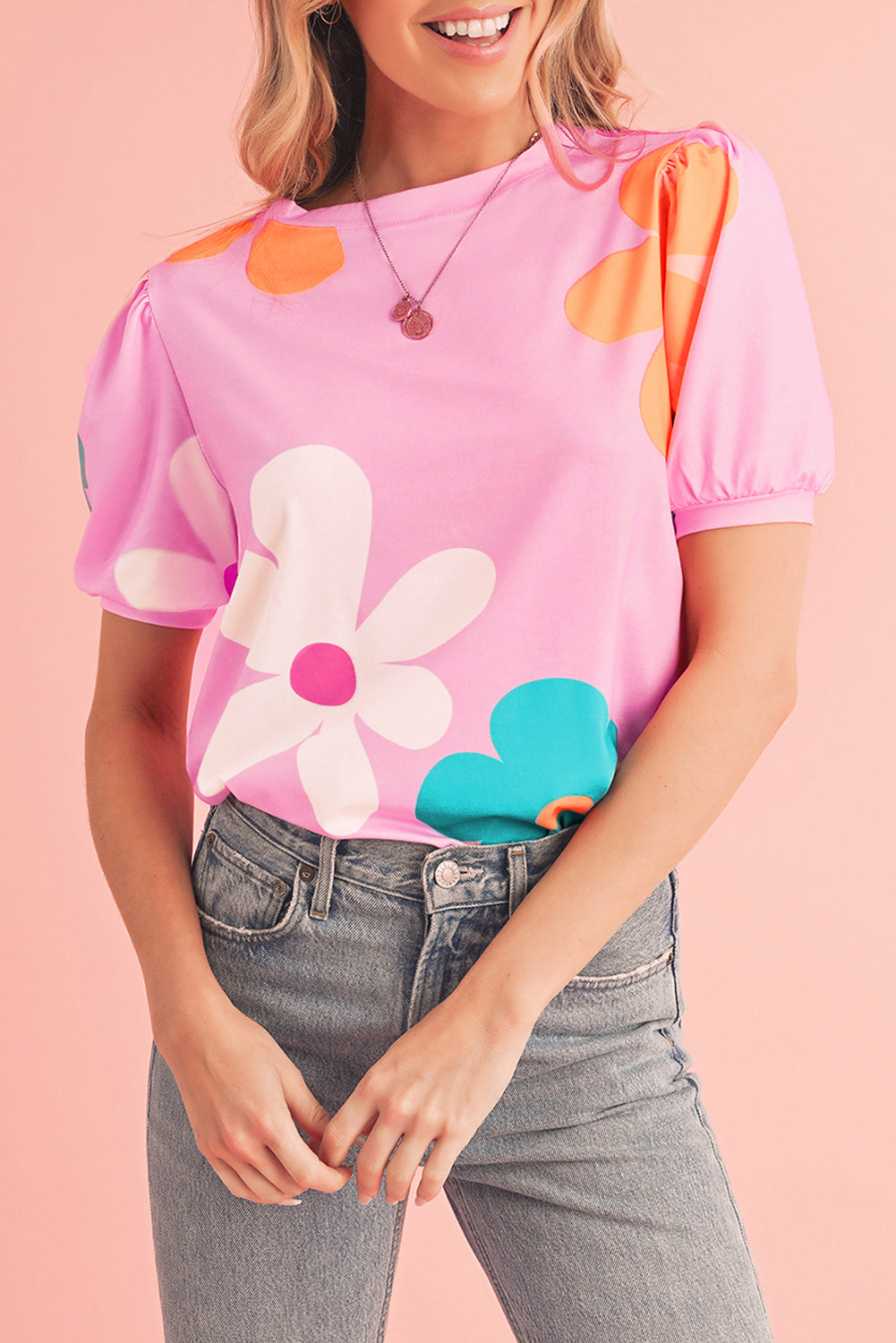 Colorful Flower Print Bubble Sleeve Tee