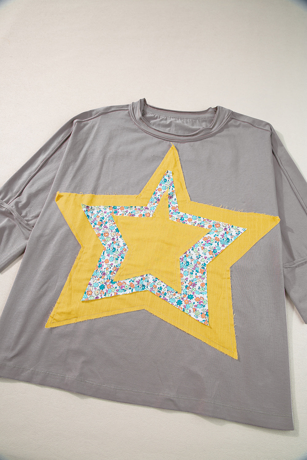 Rose Tan Floral Star Patched Exposed Seam Mineral Wash Top