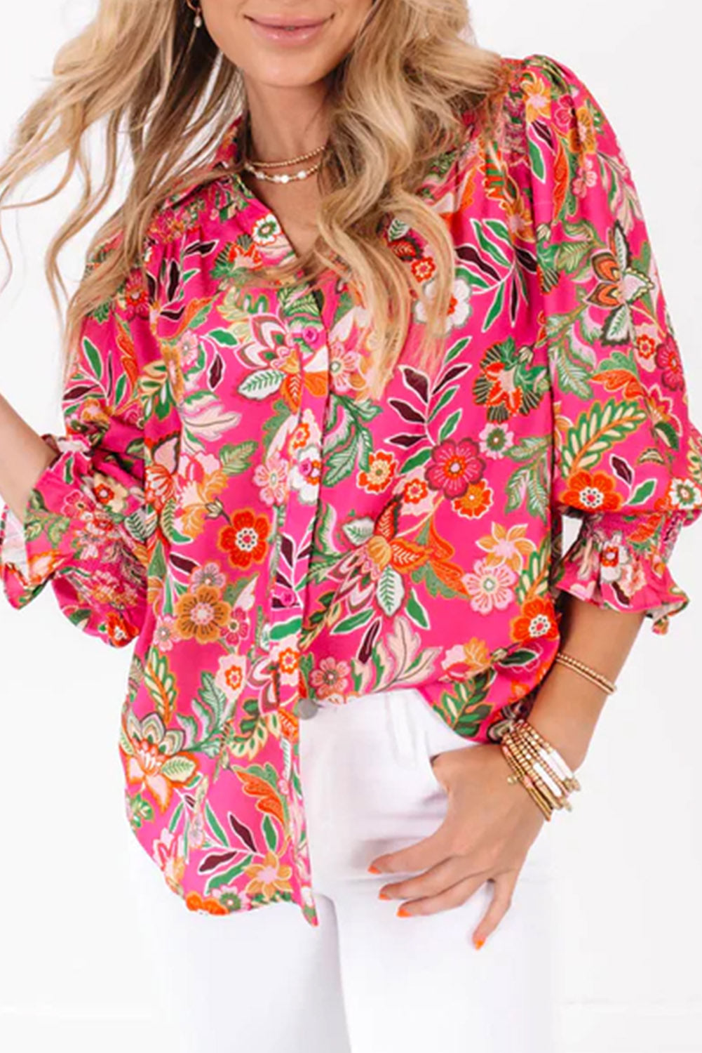 Pink Boho Floral Print Puff Sleeve Shirred Cuffs Blouse