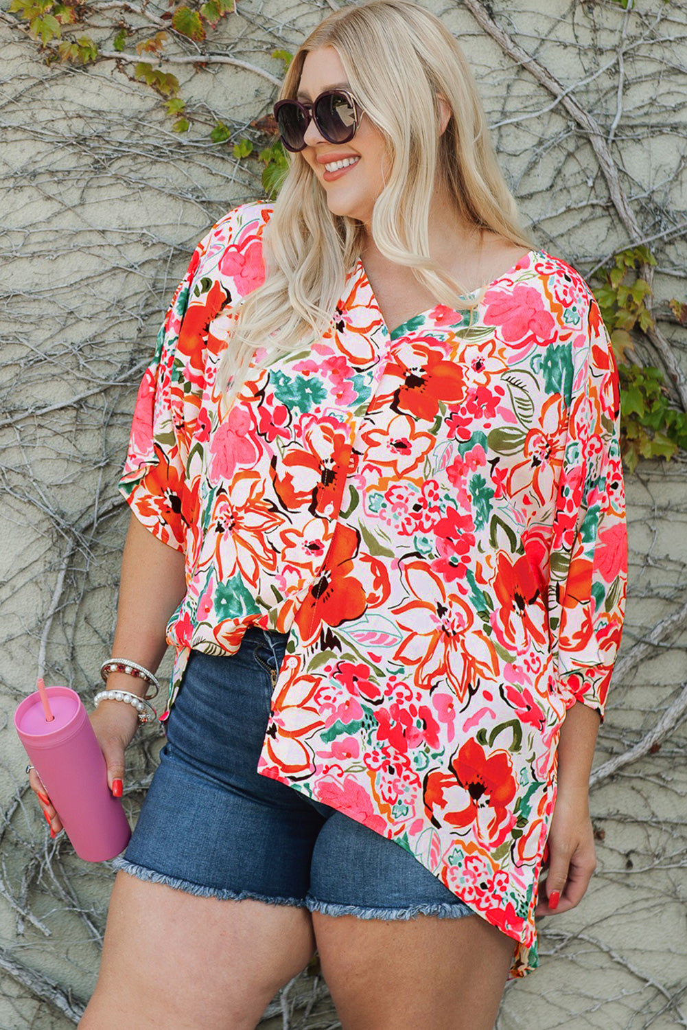 Rose Plus Size Floral Print Boho Kimono Sleeve Shirt