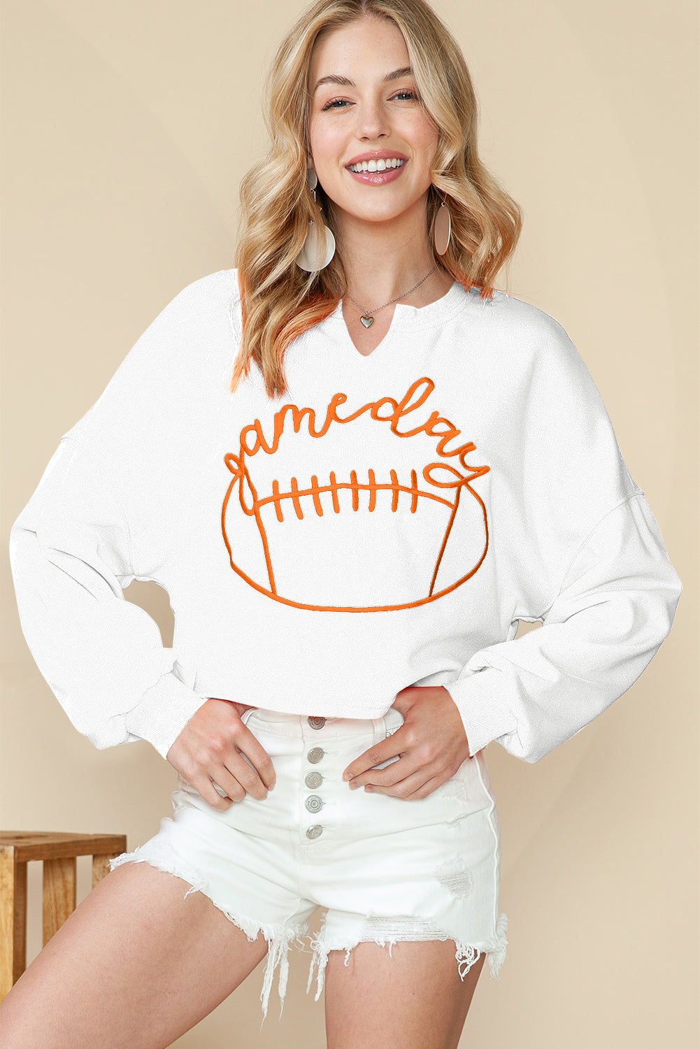 Orange Game Day Lettering Football Notched Neck Cropped Sweatshirt